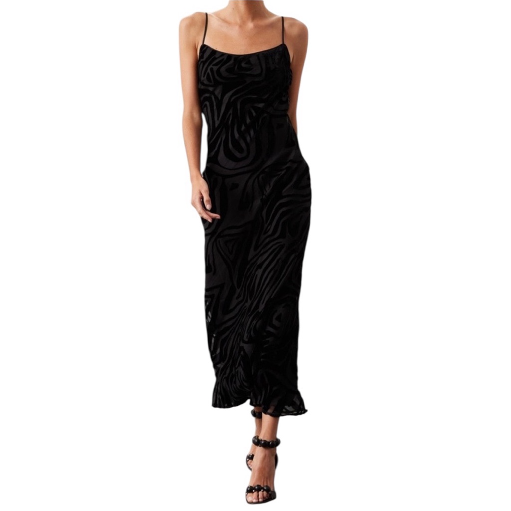 Ronny Kobo Black Burnout Slip Dress Mesh Animal Print Maxi Womens 16